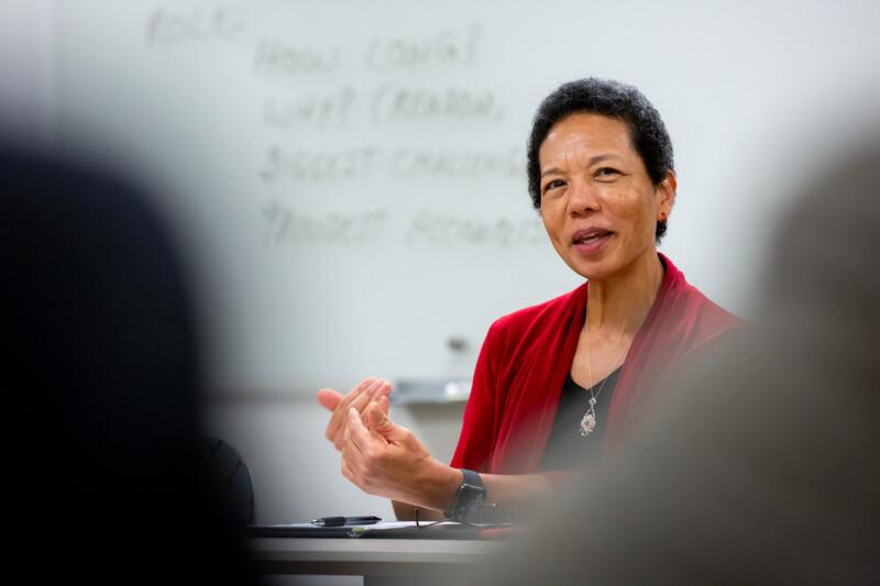 Georgina Dodge, Vice President of Diversity and Inclusion, at a meeting in Marie Mount Hall.